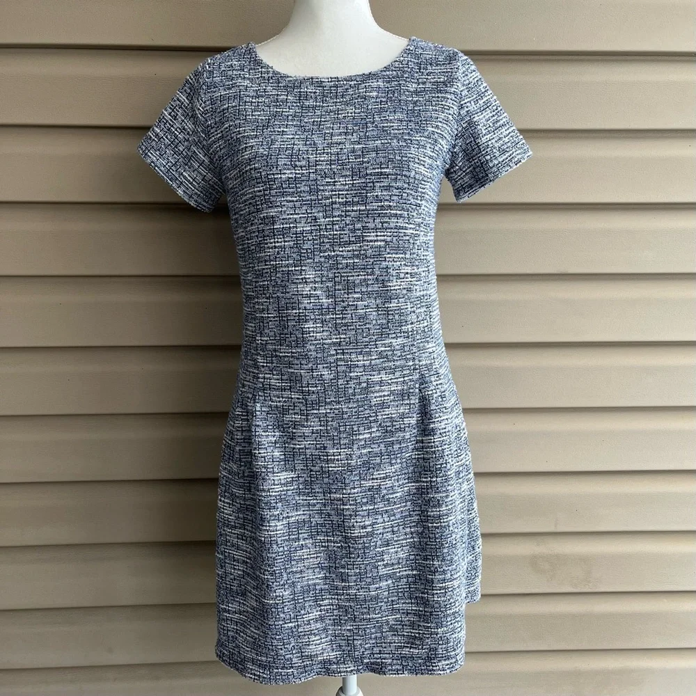 •LOFT• Keyhole Back Blue/Black Tweed Dress - Size 6 - Picture 1 of 9
